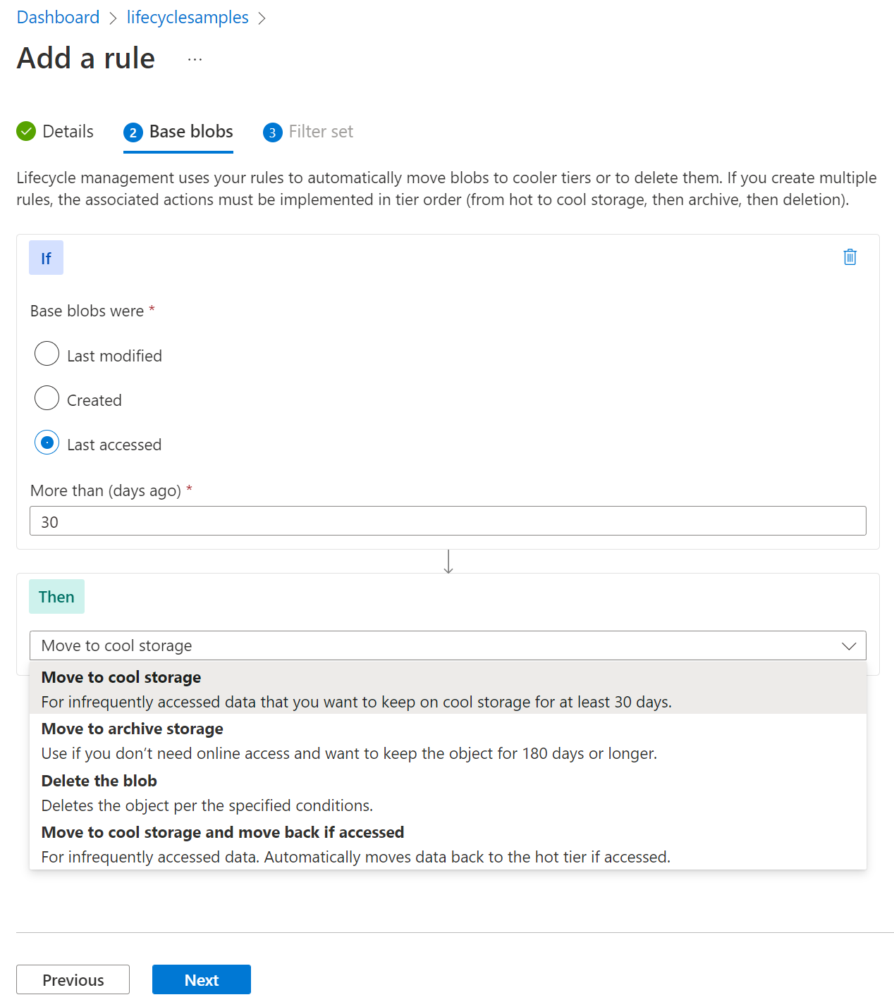 Скриншот страницы управления BLOB-объектами базового уровня жизненного цикла на портале Azure
