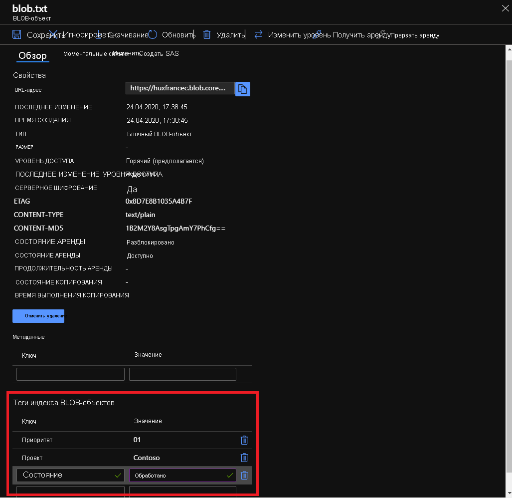 Снимок экрана: получение, задание, обновление и удаление тегов индекса для больших двоичных объектов на портале Azure.