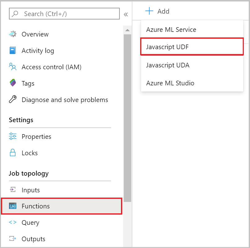 Скриншот страницы функций портала Azure с меню добавления с опцией JavaScript UDF.