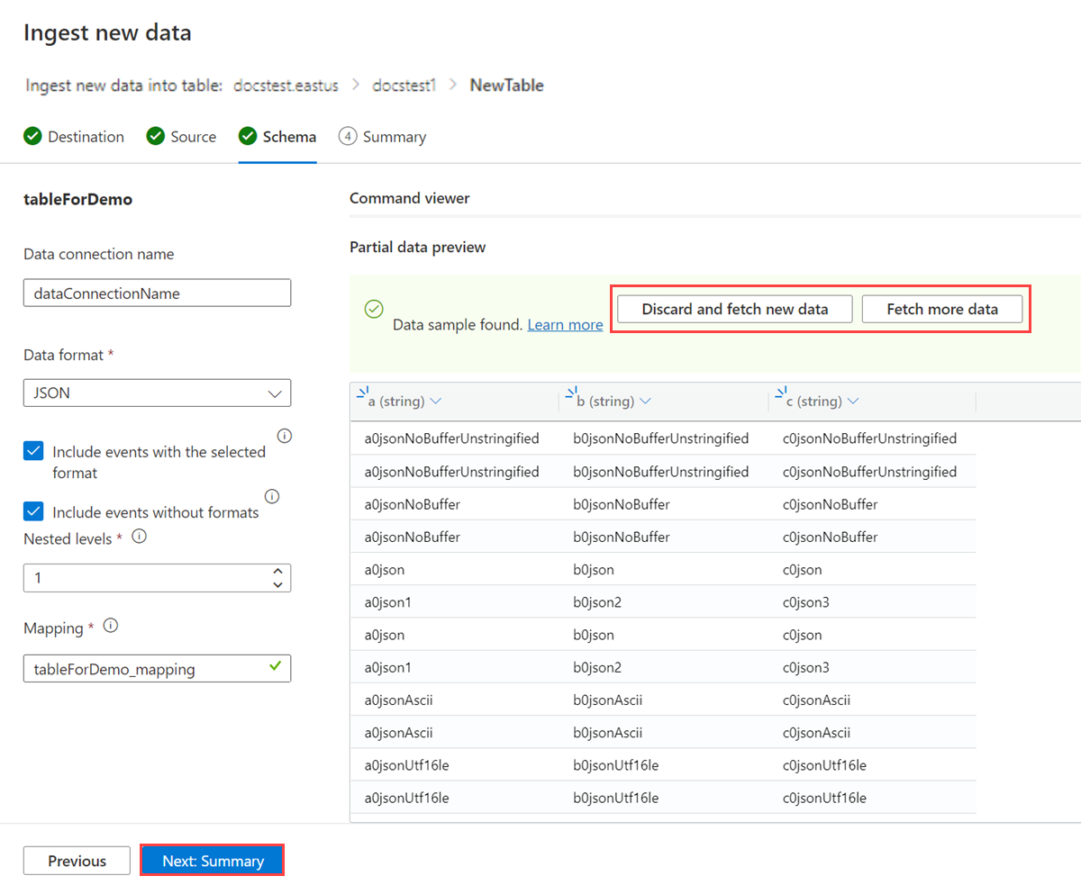 Снимок экрана: вкладка схемы в приеме новых данных для Azure Synapse Data Explorer с концентратором событий в интерфейсе одним щелчком мыши.