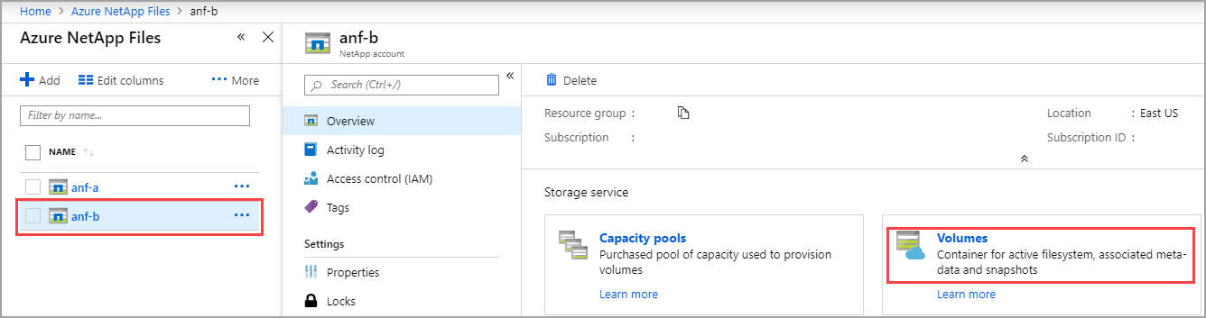 Снимок экрана: созданная ранее учетная запись NetApp на портале Azure с выбранной кнопкой