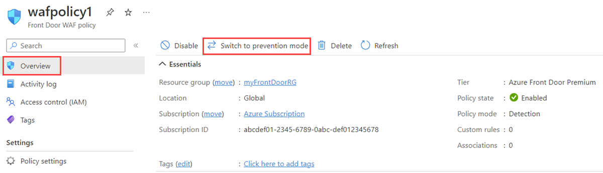 Снимок экрана: страница обзора политики WAF Azure Front Door, в котором показано, как перейти в режим предотвращения.