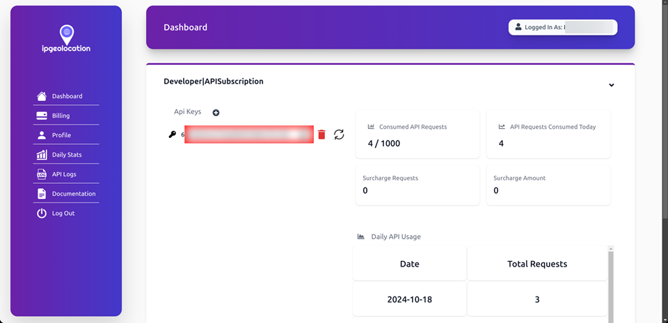 Изображение панели мониторинга IPGeolocation