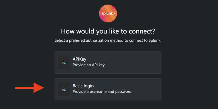 Изображение базового метода входа для подключения Splunk.