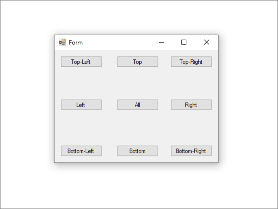 Анимация, показывающая, как форма Windows Form с кнопками, закреплёнными во всех позициях, изменяет размер.