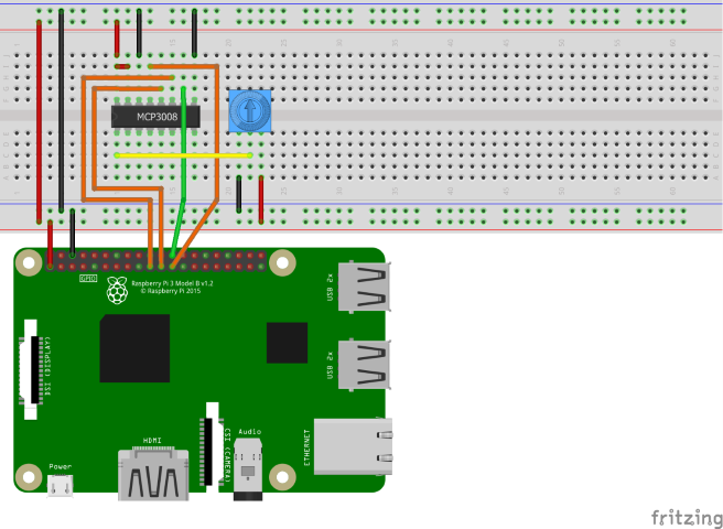 Диаграмма Fritzing показывающая схему с MCP3008 ADC и потенциометром