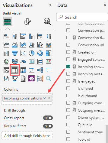 Енгізілген Power BI редактордағы есепке кесте визуализациясын қосудың скриншоты.