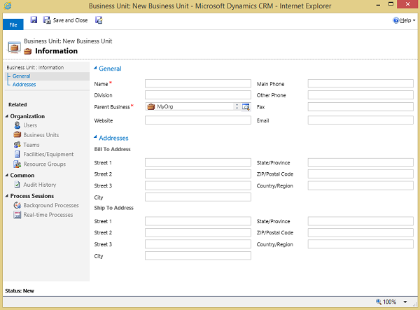 Dynamics 365 for Customer Engagement жүйесіндегі Business Unit тілқатысу терезесі.