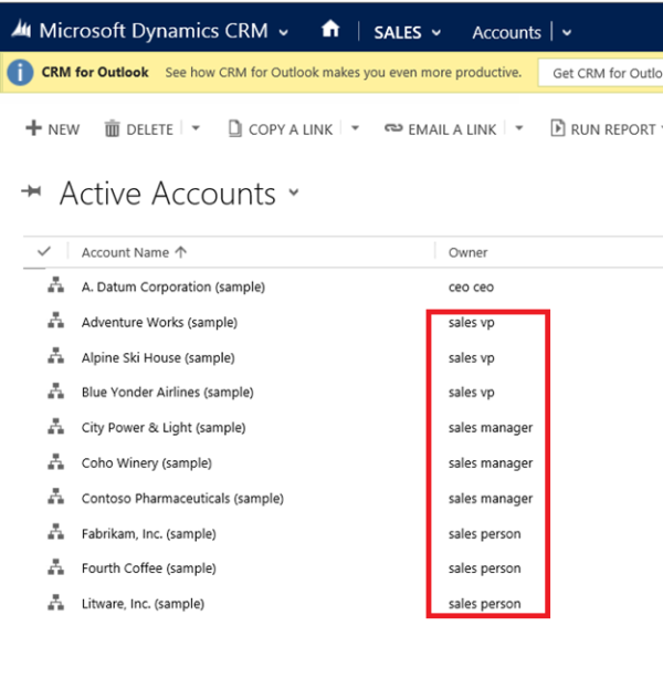 Dynamics 365 for Customer Engagement жүйесіндегі VP Sales үшін оқу рұқсаты.