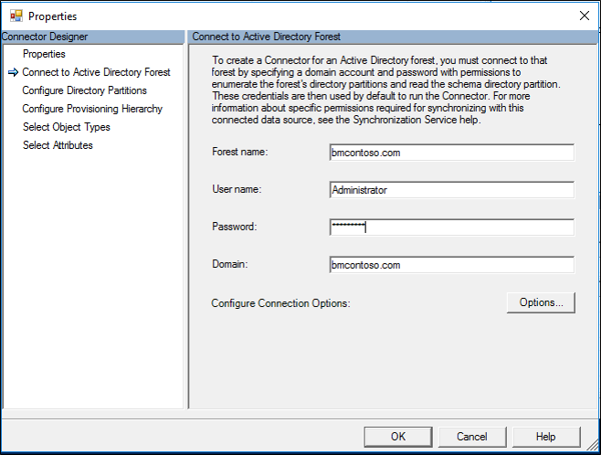 Снимок экрана: страница подключения к лесу Active Directory в окне 