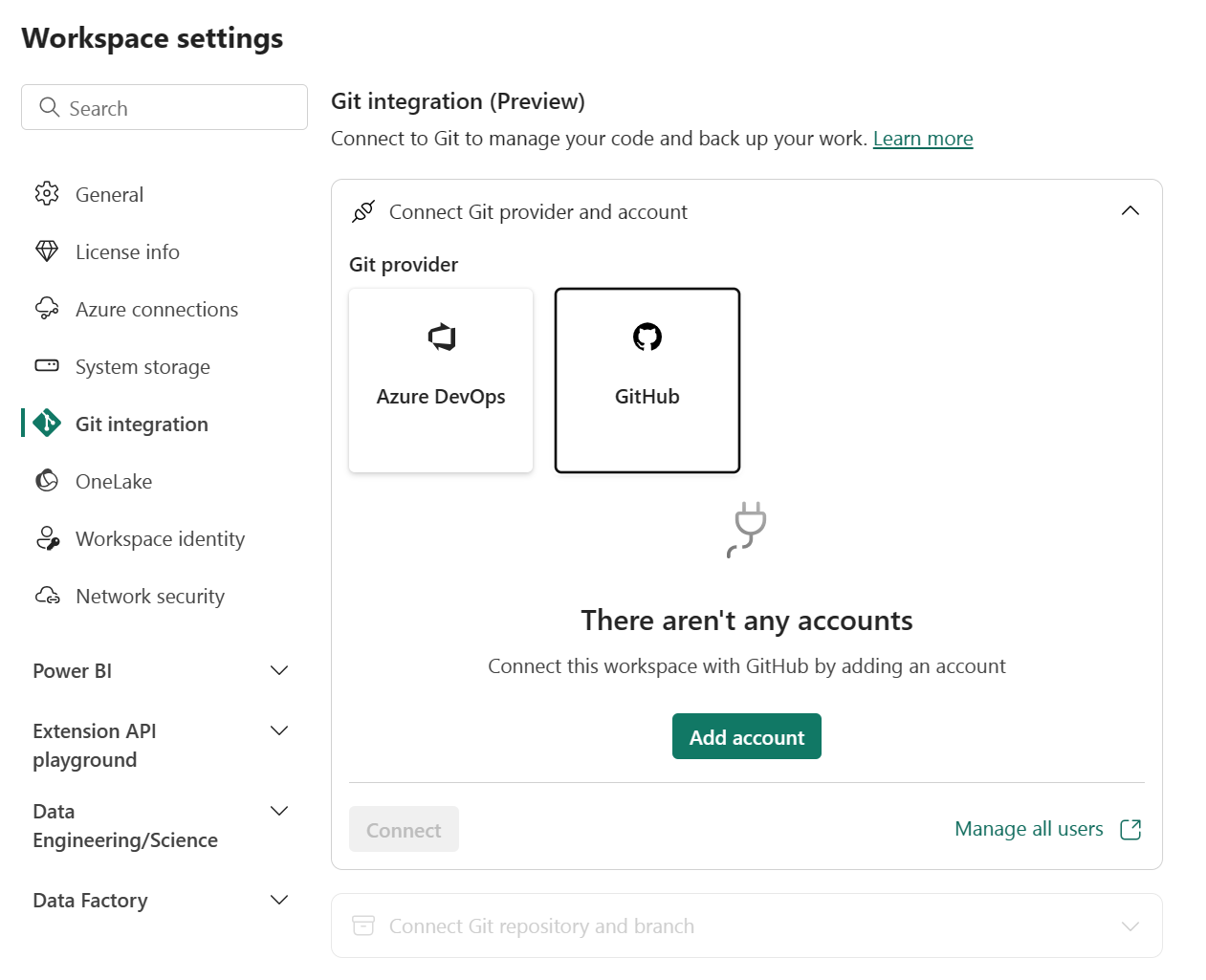 Скриншот окна интеграции с GitHub без возможности выбора существующих учетных записей.