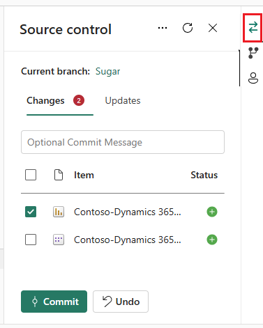 Снимок экрана панели управления исходным кодом, показывающий состояние измененных элементов.