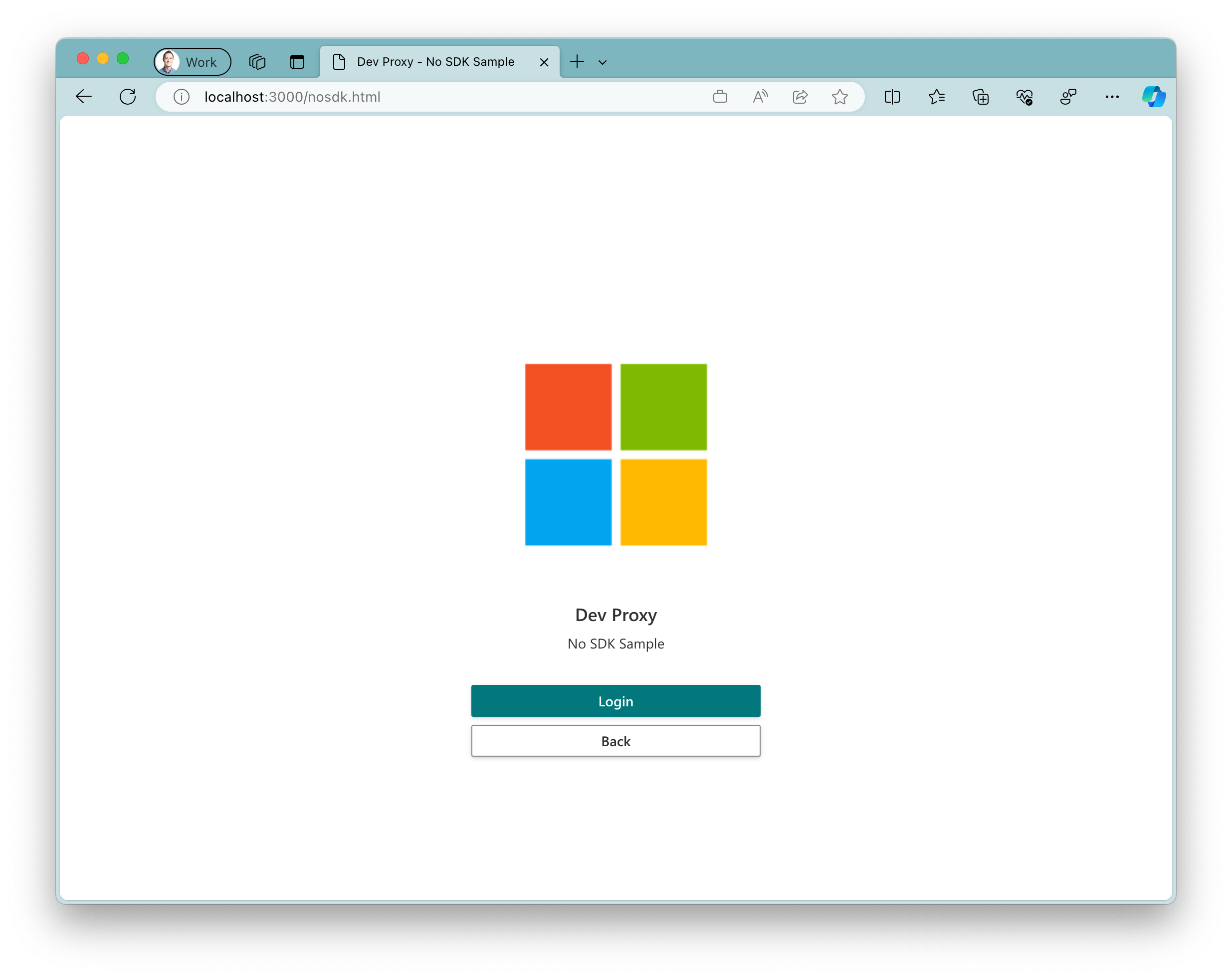 снимок экрана примера приложения, работающего в браузере Microsoft Edge в Windows 11. Приложение отображает большой логотип Майкрософт с двумя кнопками под ним. Первичная кнопка с текстом 