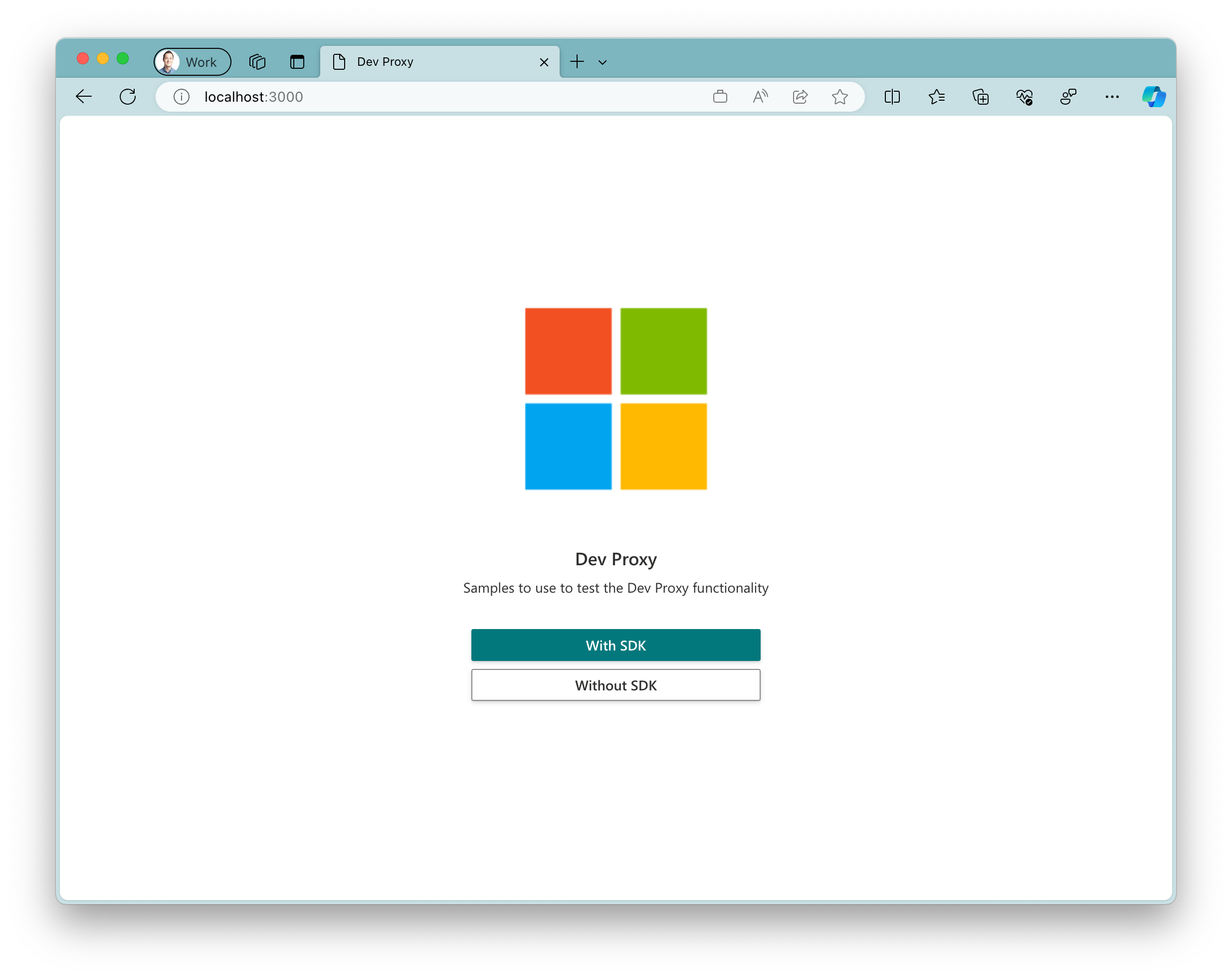 снимок экрана примера приложения, работающего в браузере Microsoft Edge в macOS. Приложение отображает большой логотип Майкрософт с двумя кнопками под ним. Первичная кнопка с текстом 