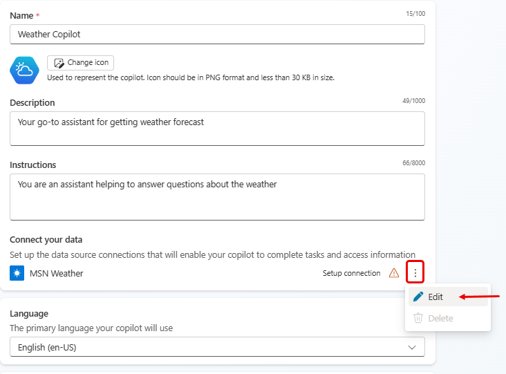 Снимок экрана создания помощника со страницы шаблона с акцентом на меню «Изменить» подключения к данным.