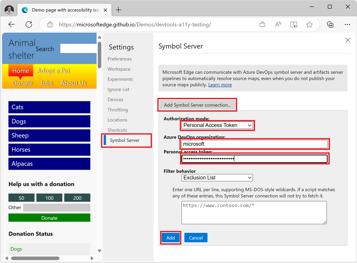 Экран конфигурации сервера символов в параметрах DevTools с полями, необходимыми для создания нового подключения PAT