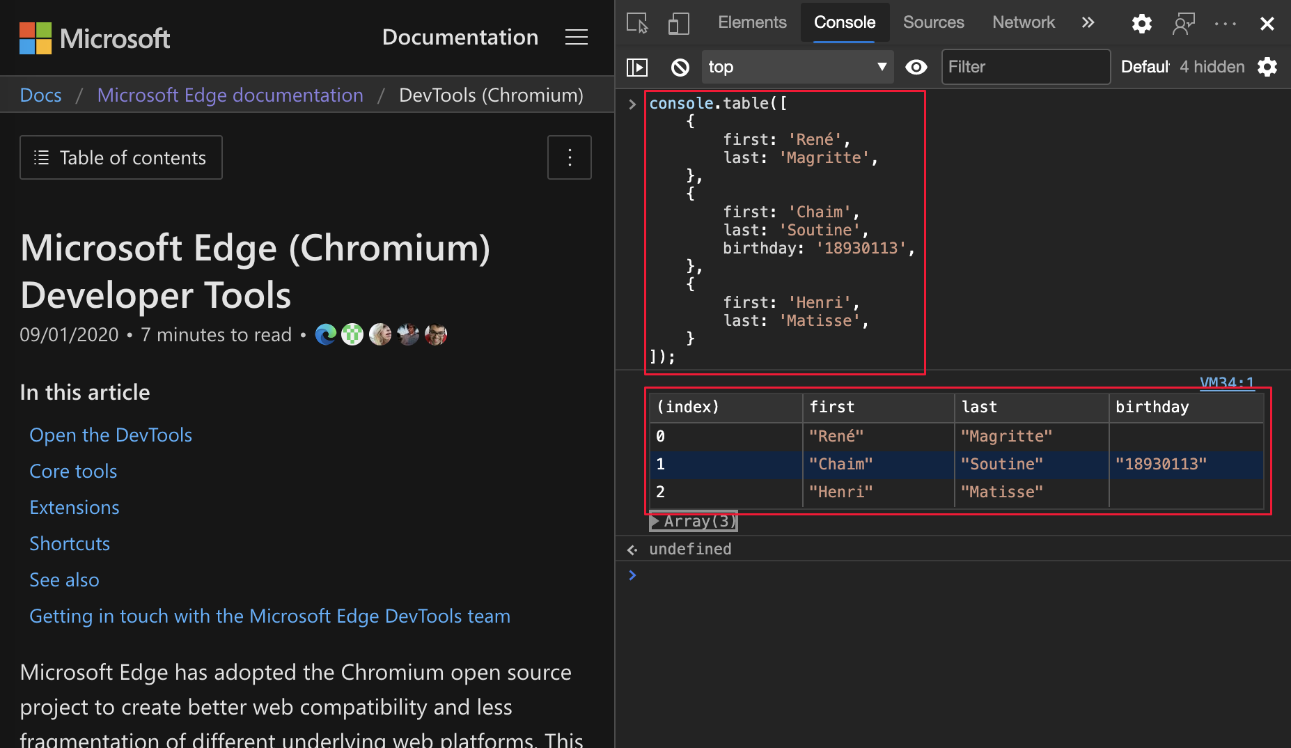 выходные данные API консоли table в Microsoft Edge 86 или более поздней версии