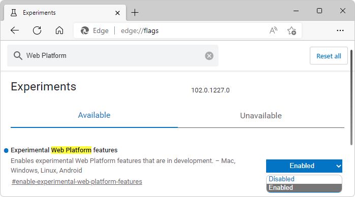 Функции экспериментальной веб-платформы флагов > Microsoft Edge