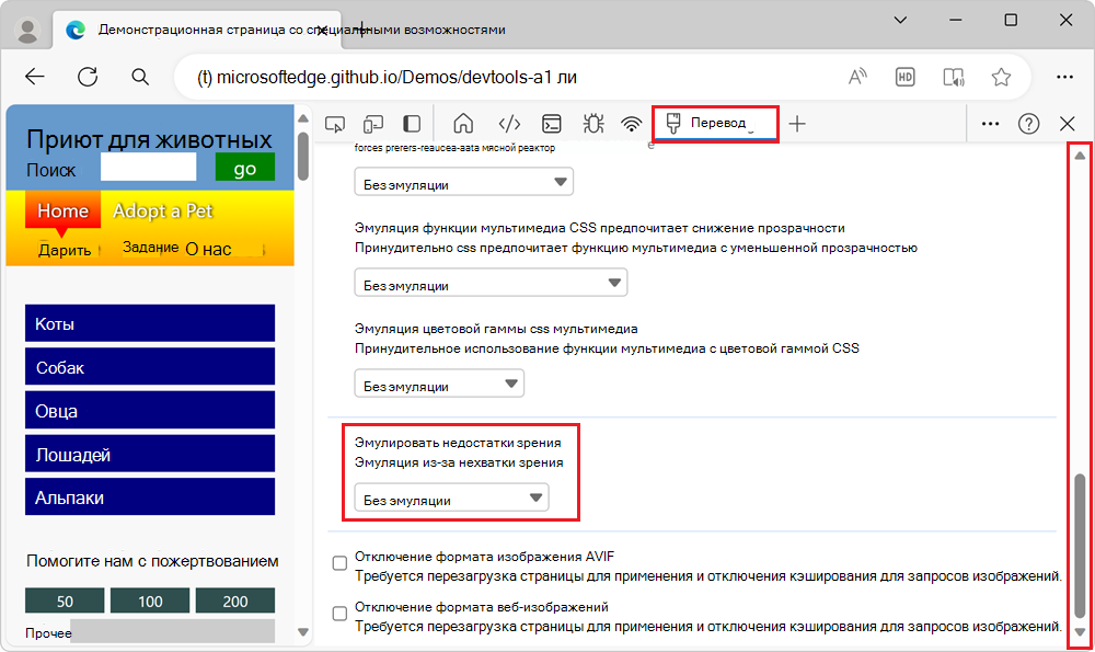 Раздел Эмулировать нарушения зрения в средстве отрисовки