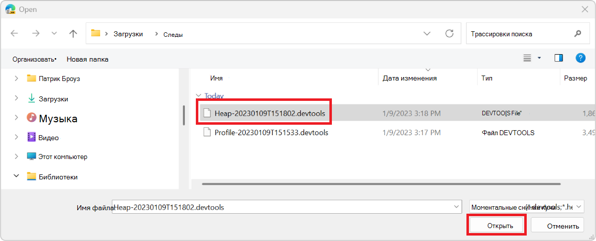 Открытое диалоговое окно Windows с файлом трассировки памяти
