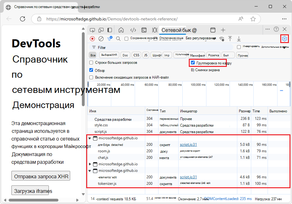 Журнал сетевых запросов с запросами, сгруппированные по iframes