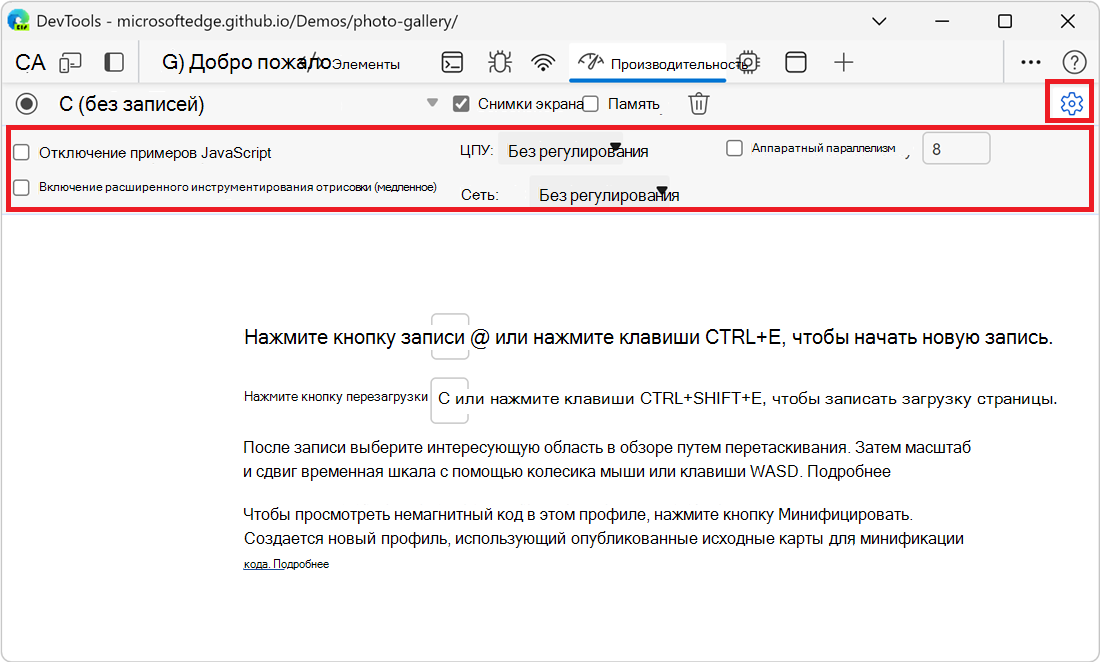 Раздел Параметры записи в верхней части средства производительности