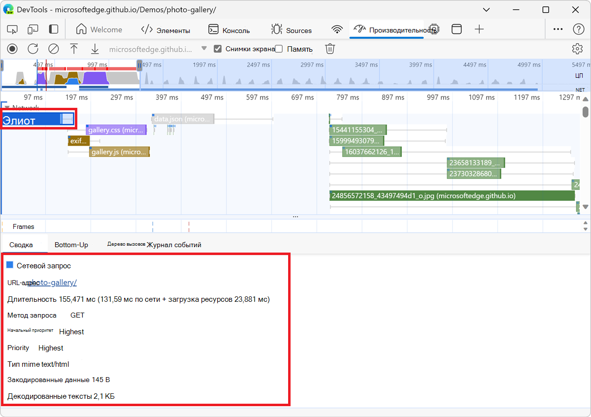 Дополнительные сведения о запросе фотоальбома на вкладке Сводка