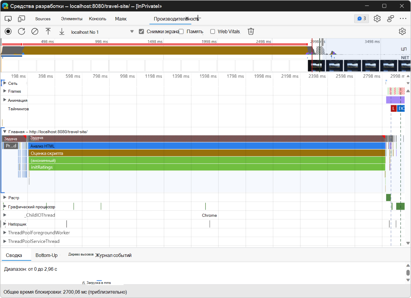 Трассировка загрузки страницы с помощью средства 