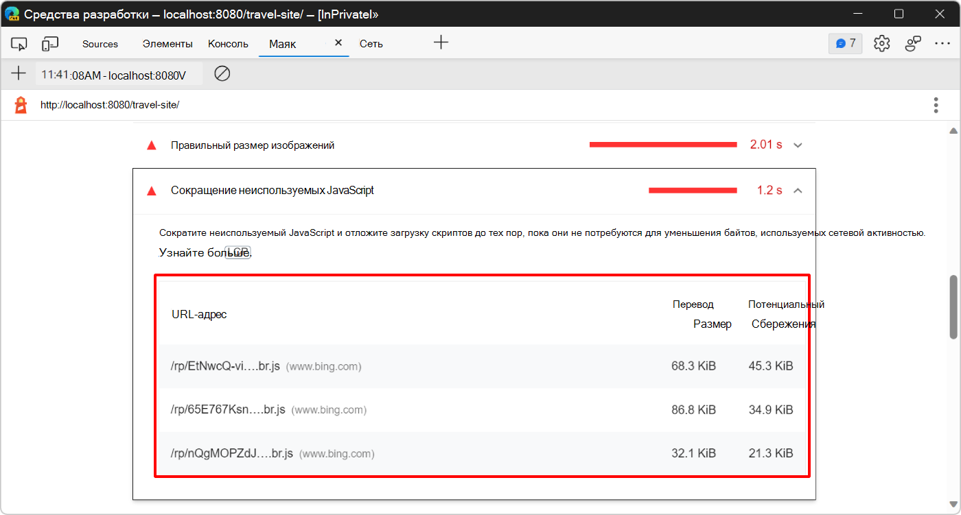 В разделе о возможностях Lighthouse отображаются неиспользуемые сообщения JavaScript