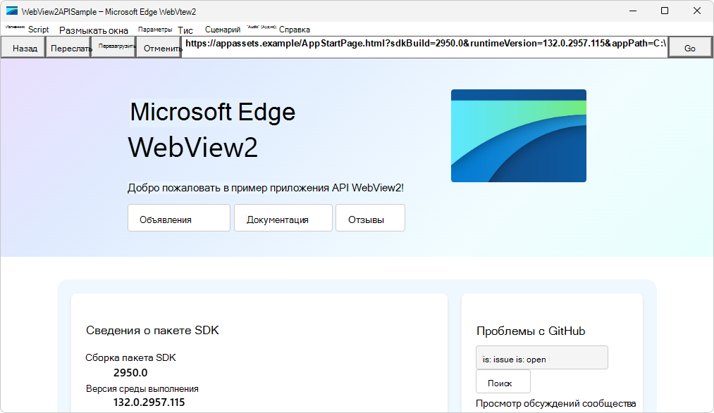 Запущенное приложение WebView2APISample