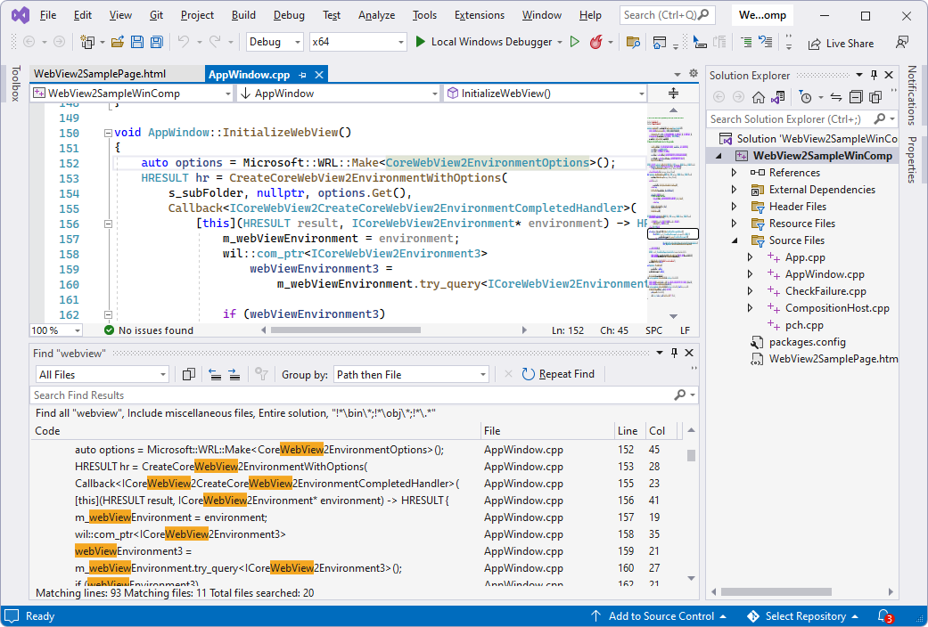 Проект WebView2SampleWinComp в Visual Studio