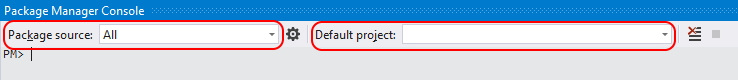 Screenshot that shows the Package Manager Console controls for package source and project.