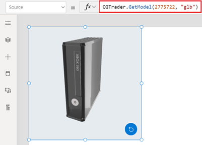 Құрылыс процесі кезінде Microsoft Power Apps Studio бағдарламасында CGTrader моделіне орнатылған Source сипатымен бірге көрсетілген 3D object басқару элементінің скриншоты.
