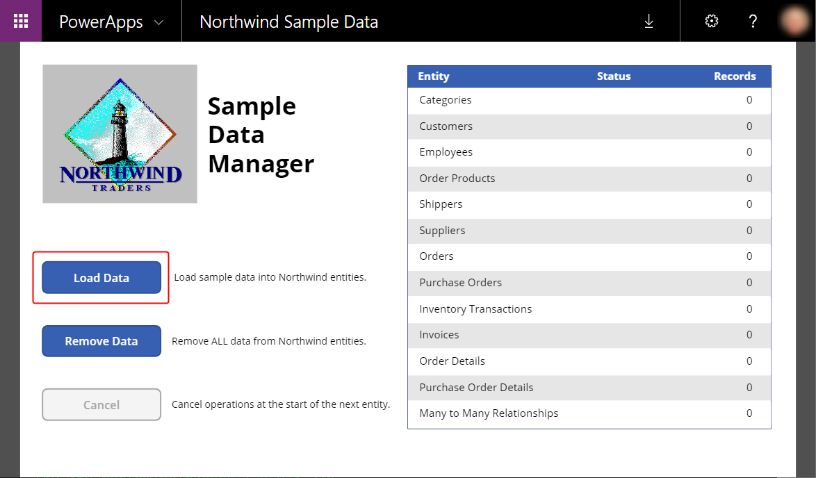 Sample Data Manager қолданбасында деректерді жүктеу түймесі.