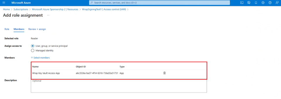 Wrap KeyVault Access қолданбасына оқырман рөлін тағайындаңыз.