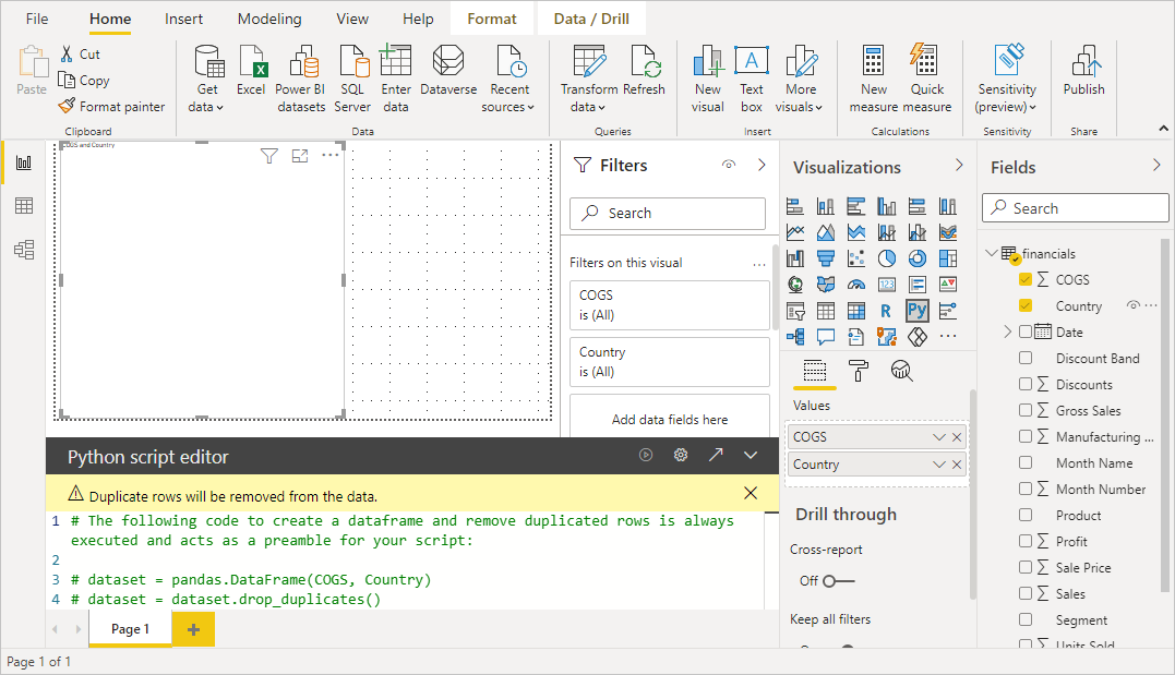 Screenshot of the Visualizations pane, showing a blank Python visual with script codes in the script editor.