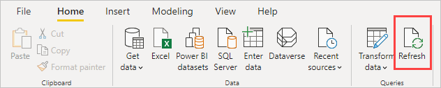 Screenshot of the Home ribbon in Power B I Desktop, showing the Refresh selection.