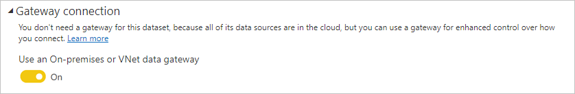 Screenshot of Power BI service's Gateway connection dialog.