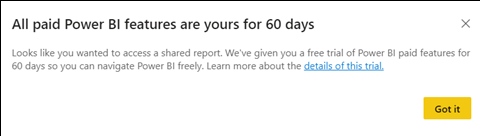 Снимок экрана: диалоговое окно бесплатной пробной версии Power BI Pro.