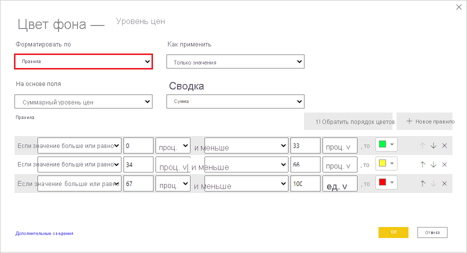 Conditional formatting dialog for background color by rules: format style dropdown option is set to rules.