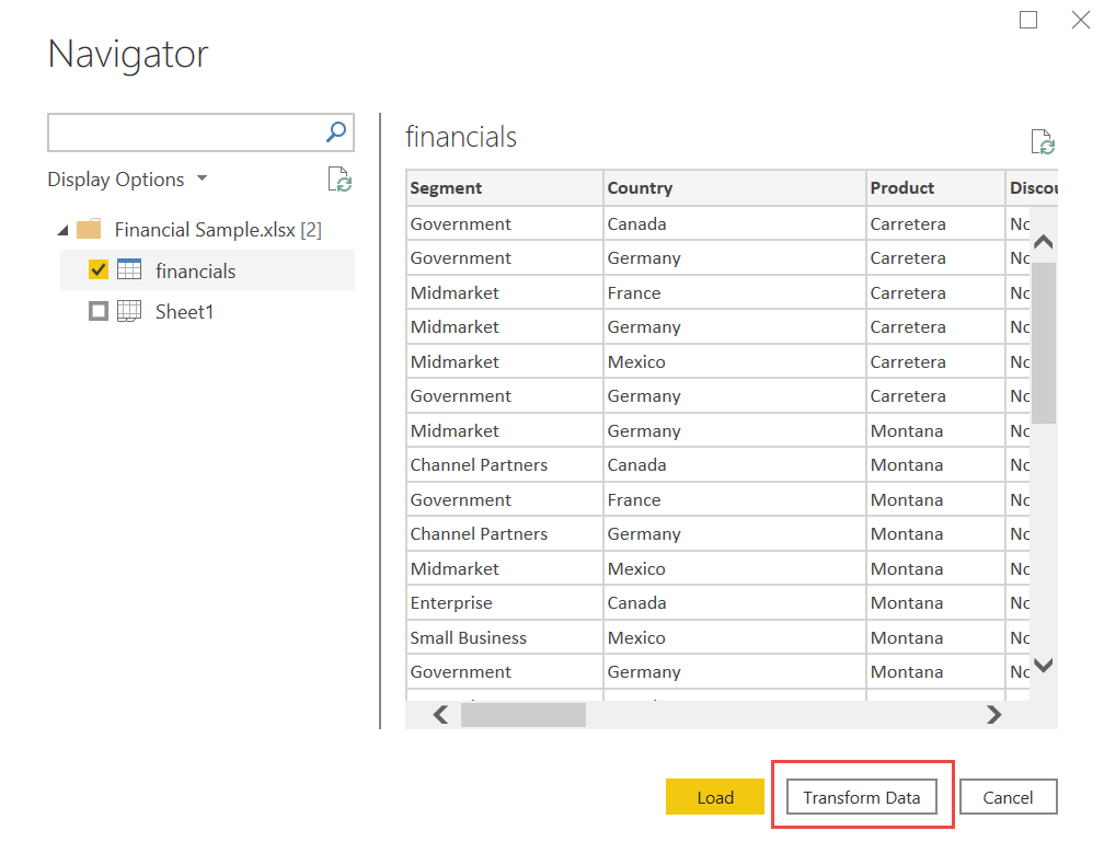 Снимок экрана: Power BI Navigator с данными финансового образца.