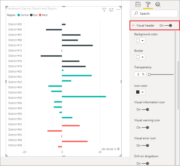 Screenshot shows formatting options for the Visual header.