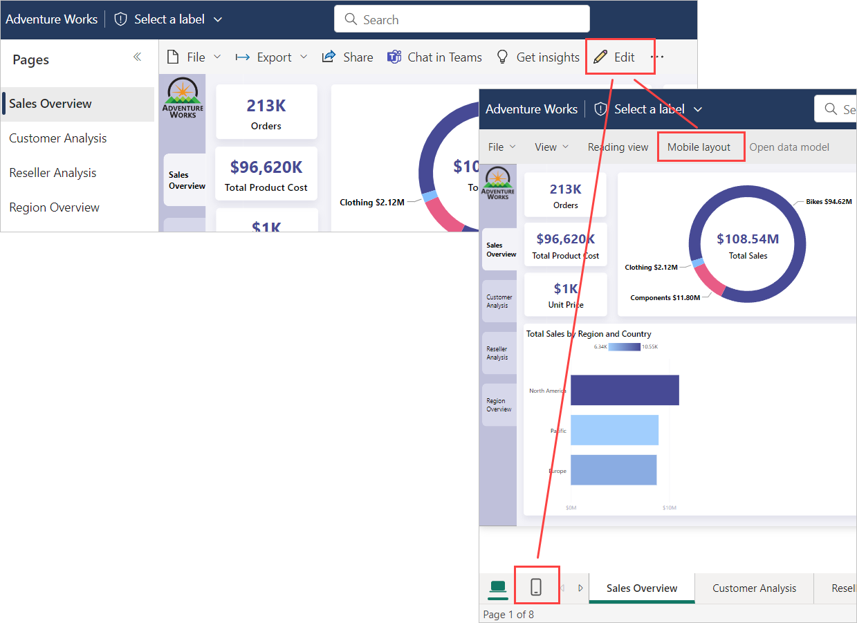 Снимок экрана: переключатель макета в служба Power BI