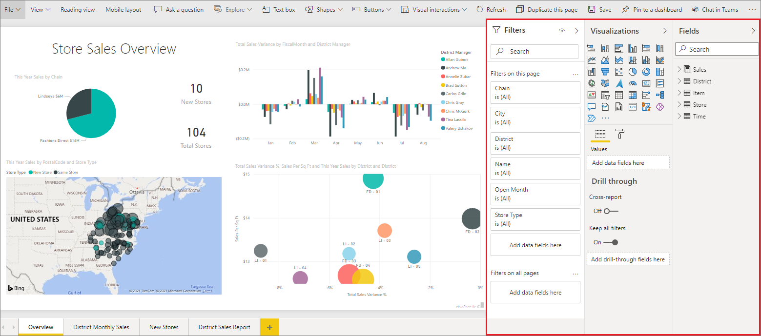 Visualizations, Filters, and Fields panes