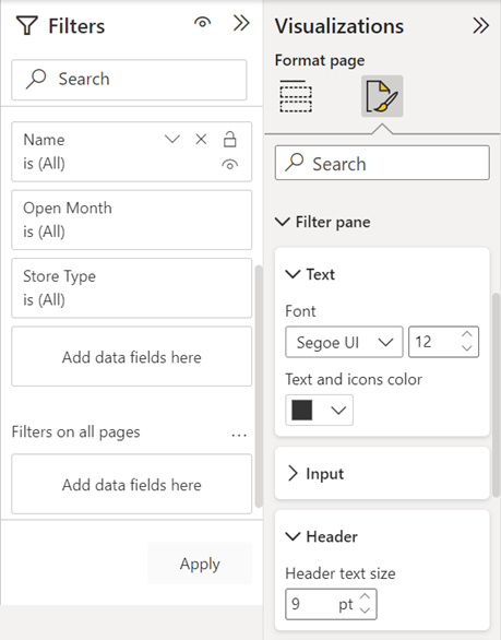 Screenshot of the Filters pane, Format the Apply filter button text.