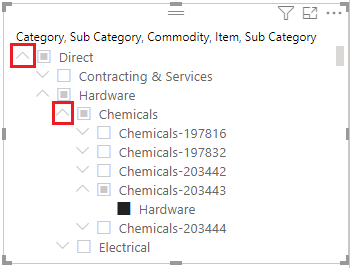 Screenshot of Hierarchy slicer dropdown in Power B I.