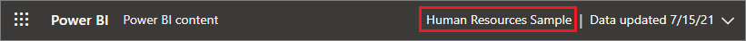 Screenshot showing selection of Human Resources Sample in the black Power BI header bar.