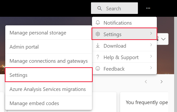 Screenshot of Power BI, highlighting Settings and Settings.