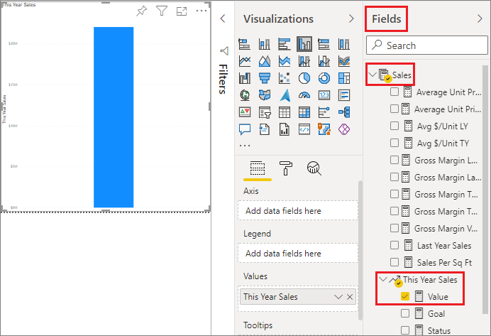 Screenshot of the report editor, highlighting the Data pane, Sales, This Year Sales, and Value.