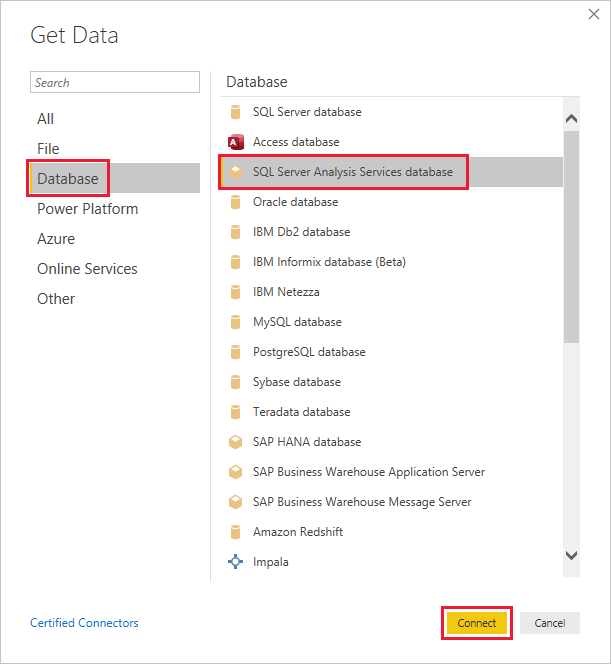 Подключитесь к базе данных служб SQL Server Analysis Services.